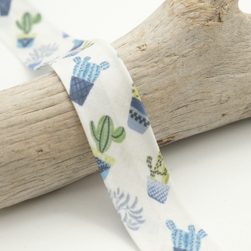 25MM Printed Bias Tape - Blue Cactus - Maison Klem